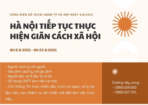 Công điện số 18/cđ-ubnd ngày 06/8/2021 của chủ tịch ubnd thành phố hà nội về việc tiếp tục thực hiện giãn cách toàn xã hội trên địa bàn thành phố để phòng, chống dịch covid-19